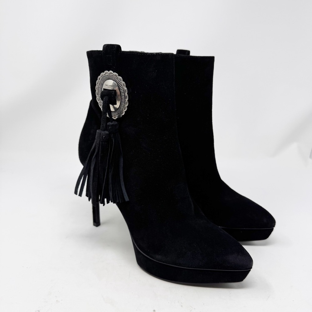 Saint Laurent Janis Concho Ankle Boots Size 37 Black Suede Platform Tassel - Picture 11 of 12